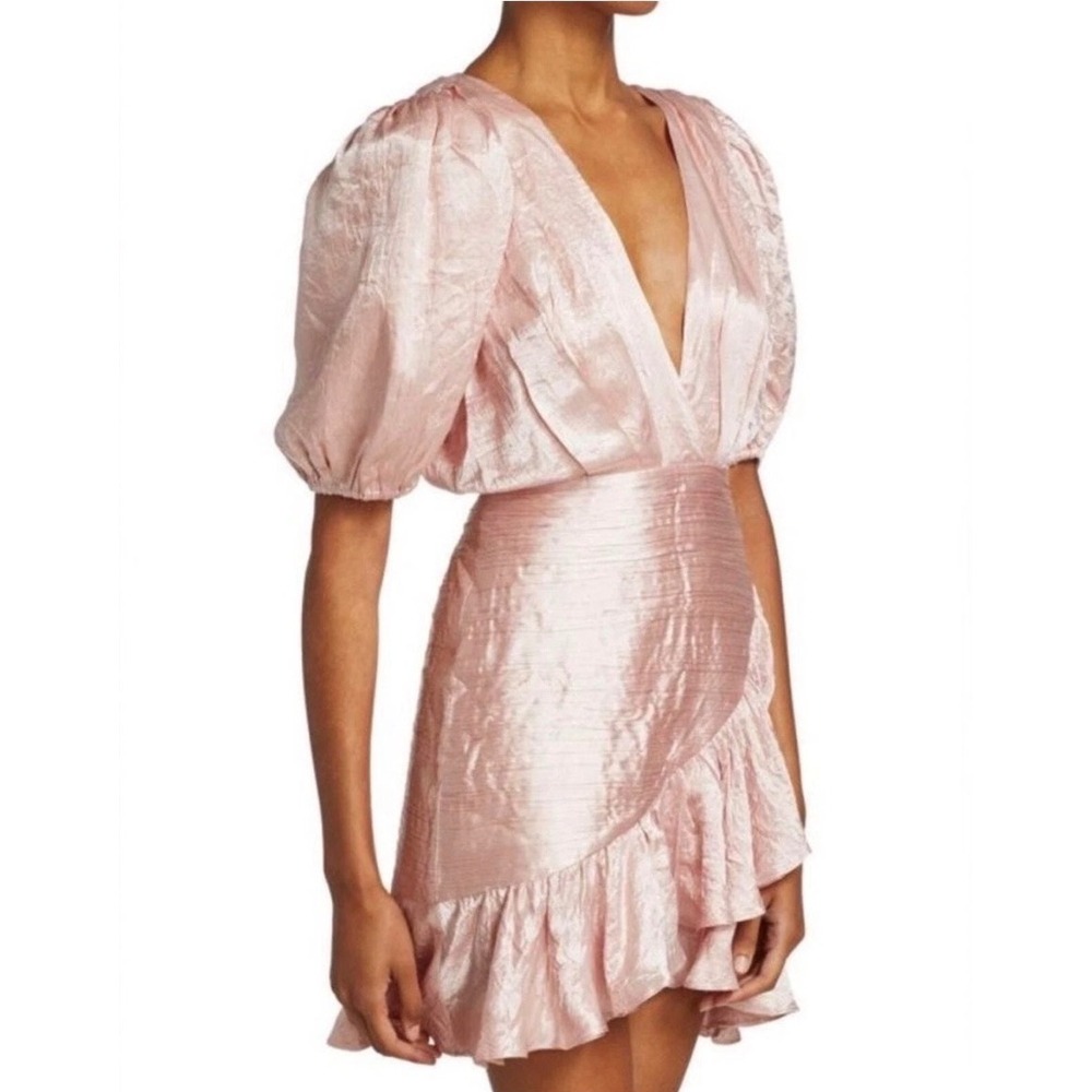 NWT Ronny Kobo Mindy Dress Blush Pink Puff Sleeve Ruched Ruffle Mini Dress Small